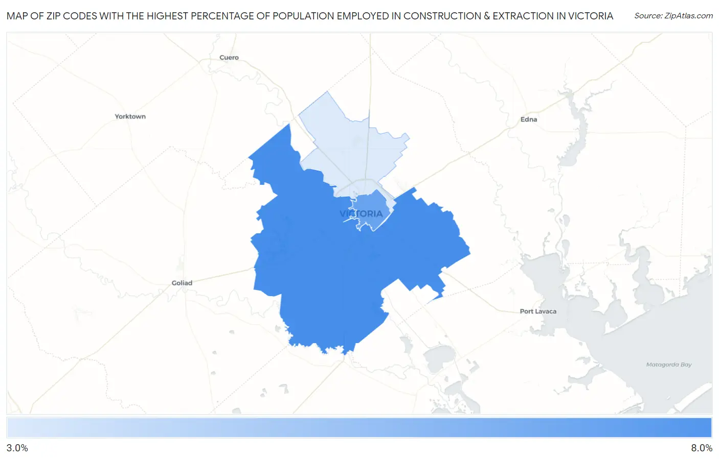 Zip Codes with the Highest Percentage of Population Employed in Construction & Extraction in Victoria Map