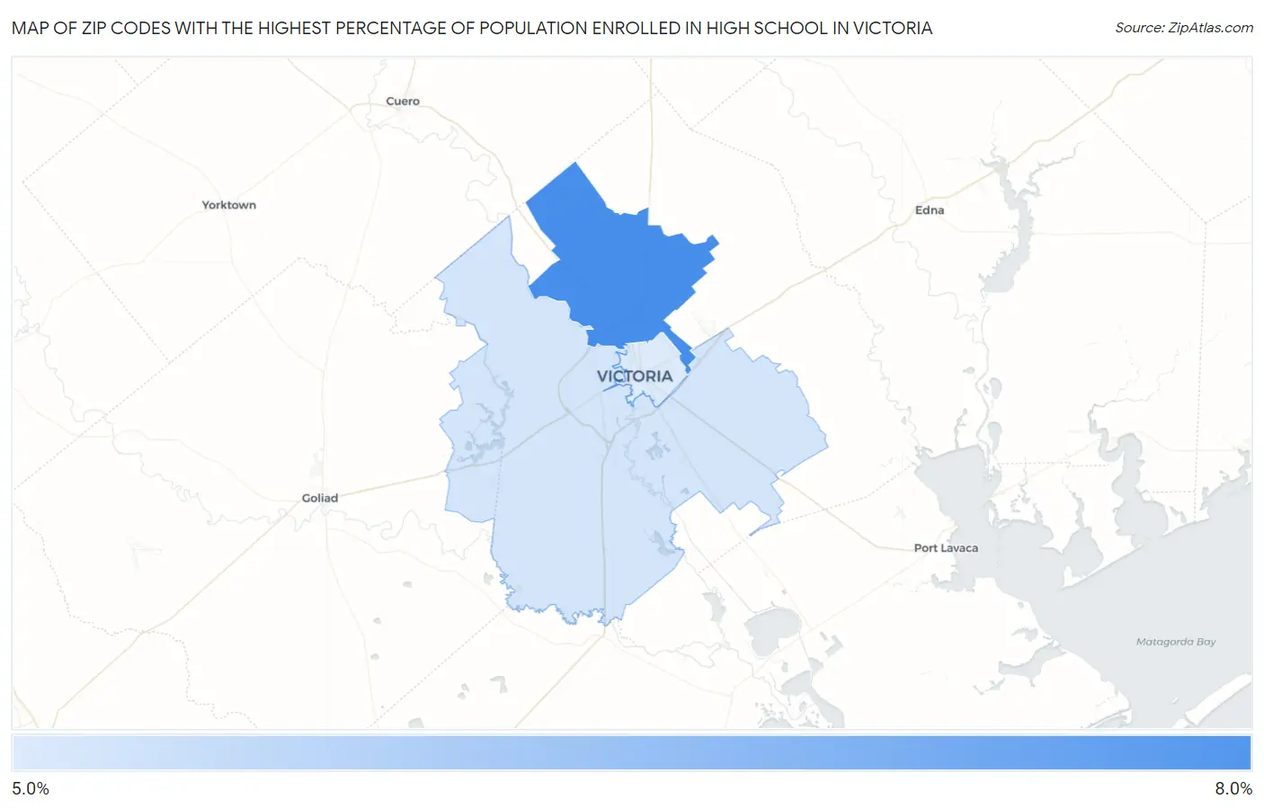 Zip Codes with the Highest Percentage of Population Enrolled in High School in Victoria Map