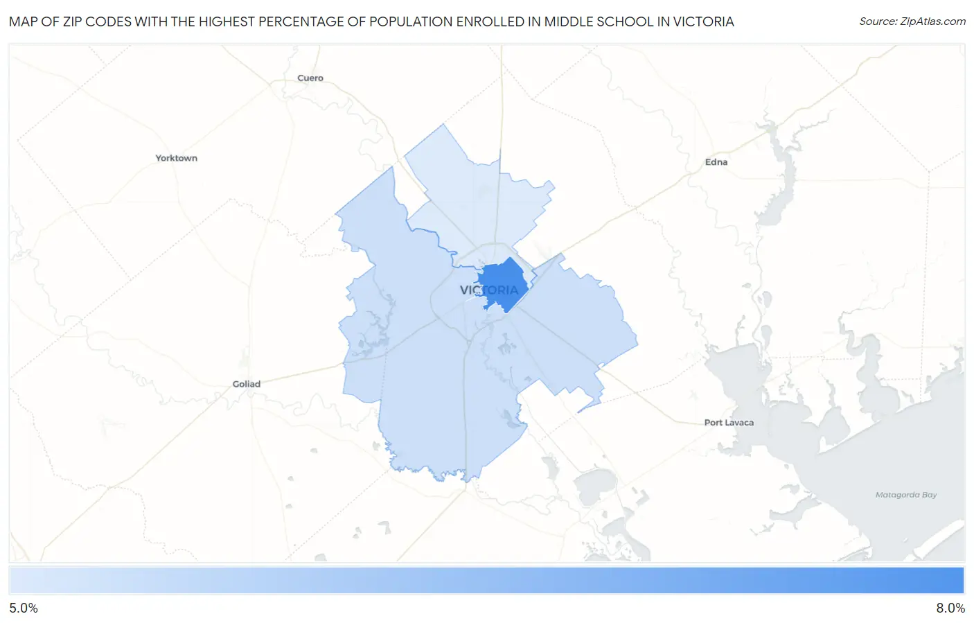 Zip Codes with the Highest Percentage of Population Enrolled in Middle School in Victoria Map