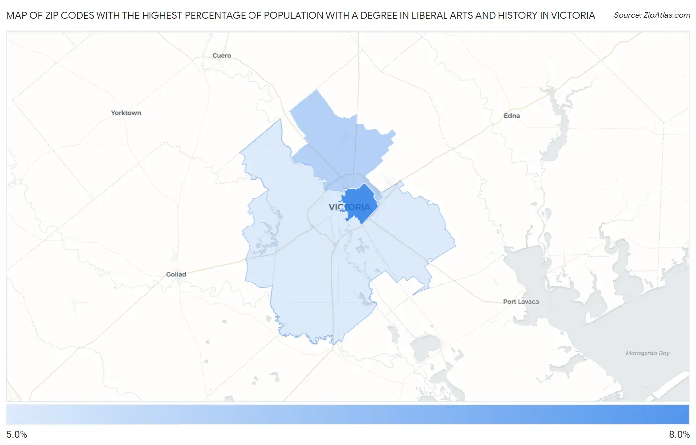 Zip Codes with the Highest Percentage of Population with a Degree in Liberal Arts and History in Victoria Map
