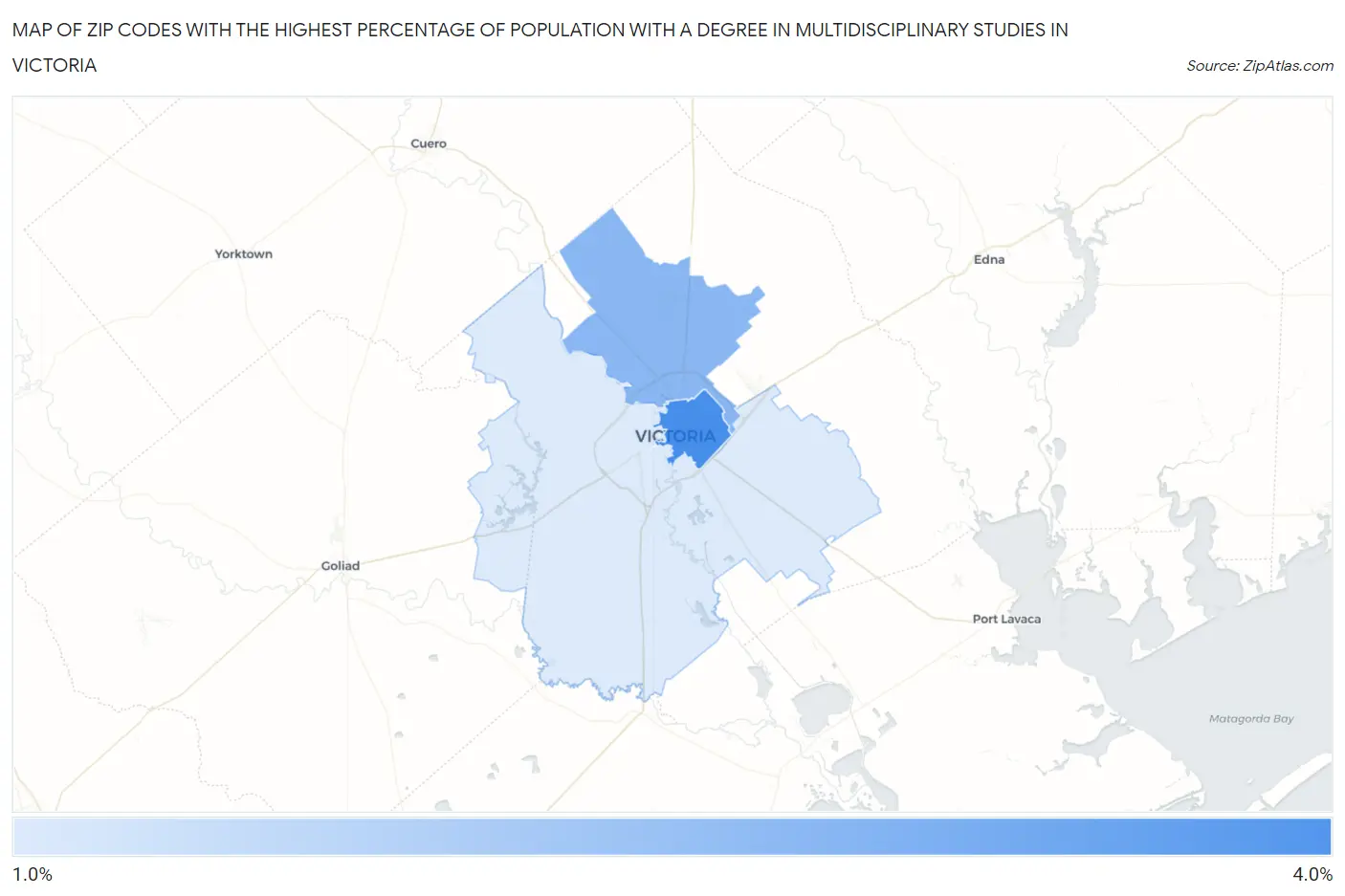 Zip Codes with the Highest Percentage of Population with a Degree in Multidisciplinary Studies in Victoria Map