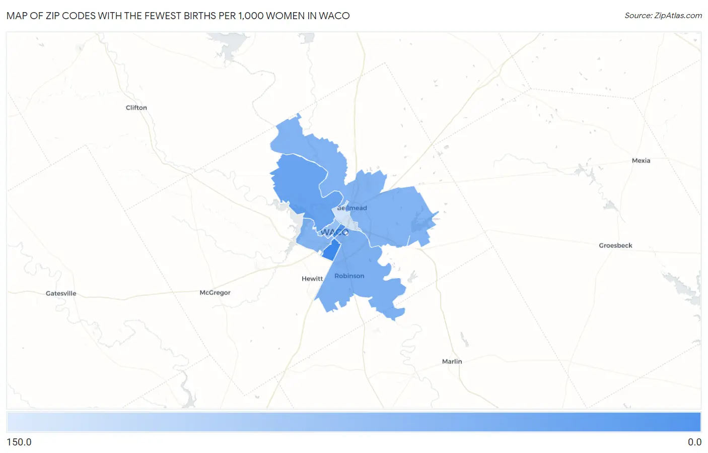 Zip Codes with the Fewest Births per 1,000 Women in Waco Map