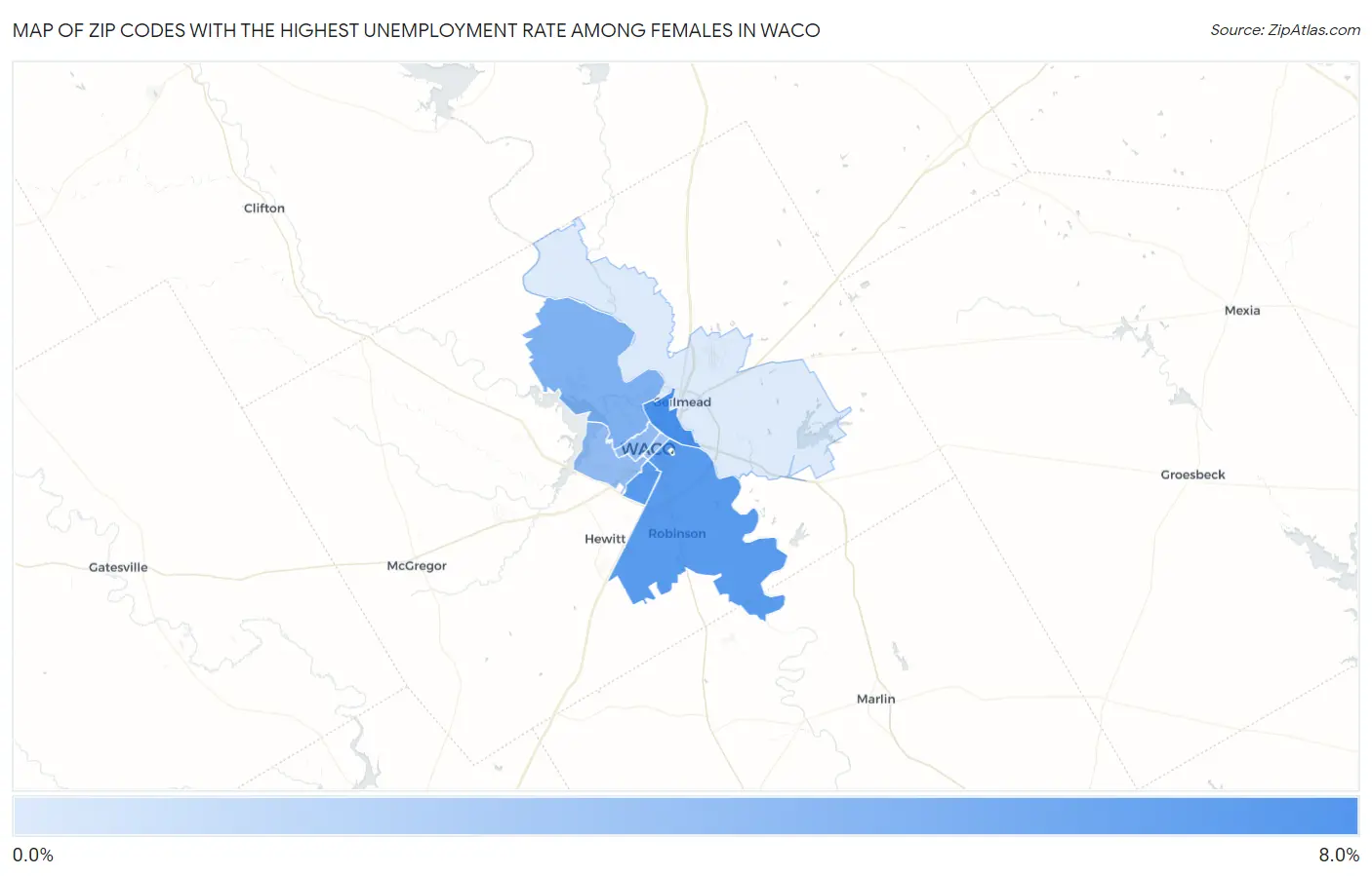 Zip Codes with the Highest Unemployment Rate Among Females in Waco Map