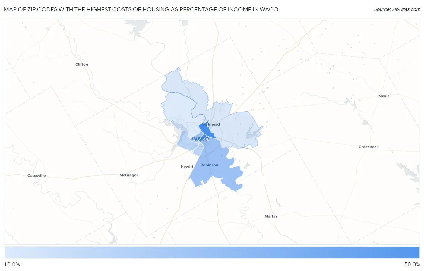 Zip Codes with the Highest Costs of Housing as Percentage of Income in Waco Map