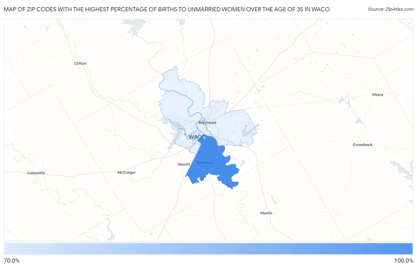Zip Codes with the Highest Percentage of Births to Unmarried Women over the Age of 35 in Waco Map