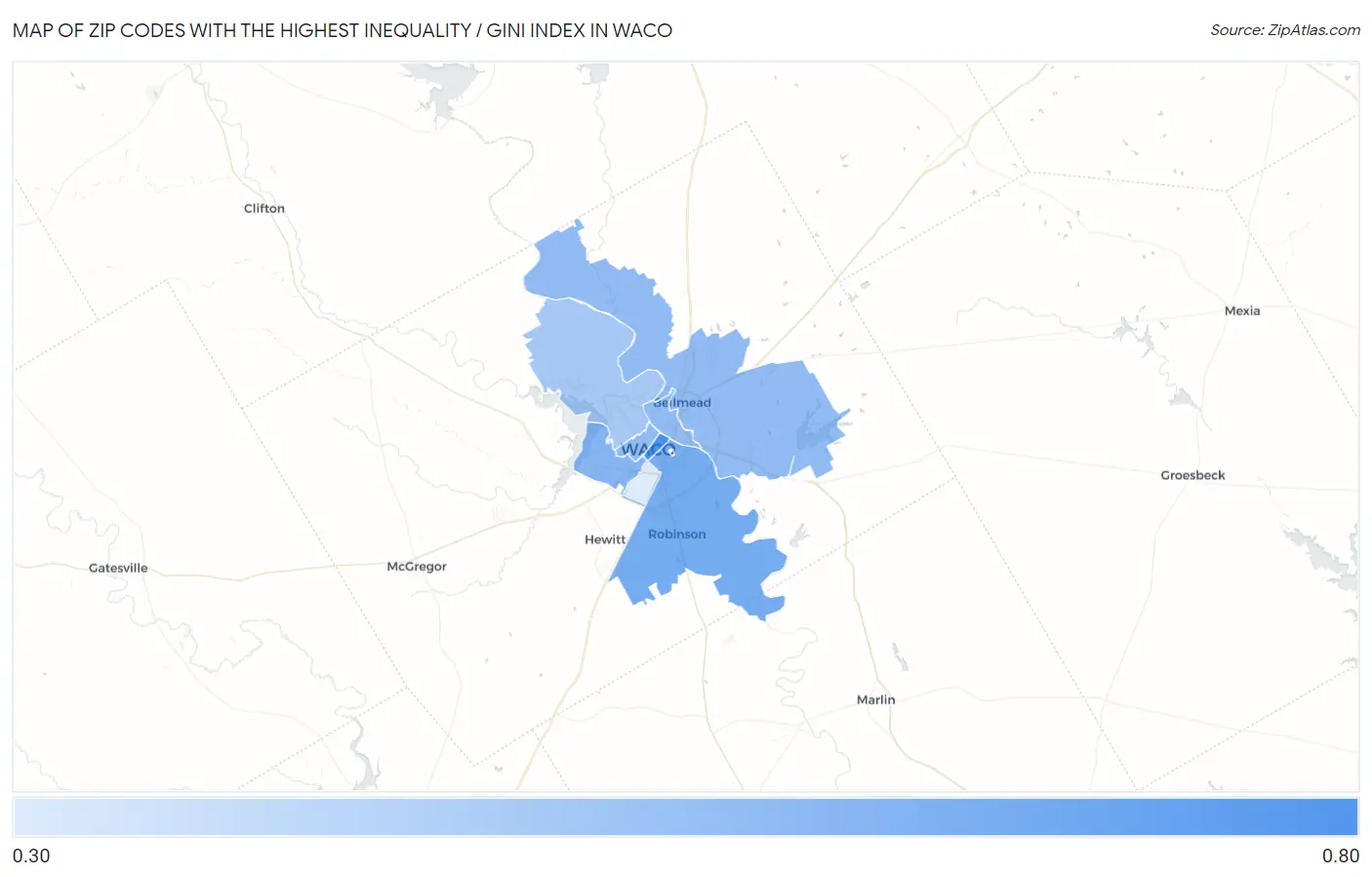 Zip Codes with the Highest Inequality / Gini Index in Waco Map