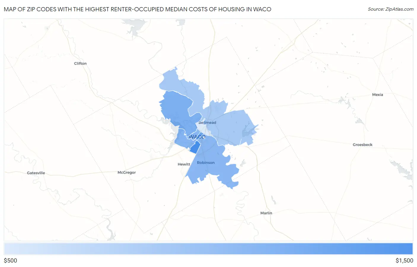 Zip Codes with the Highest Renter-Occupied Median Costs of Housing in Waco Map