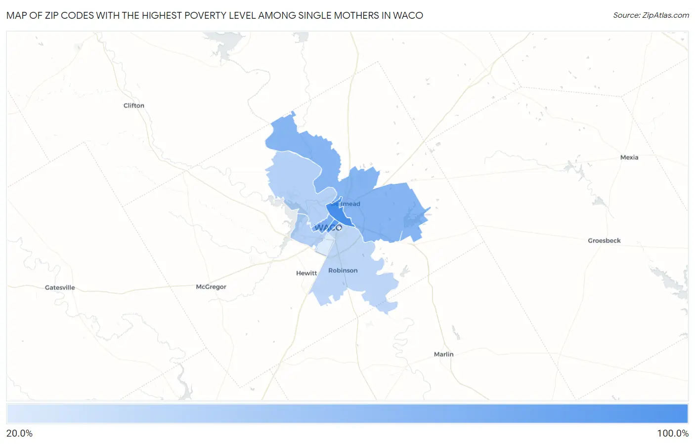 Zip Codes with the Highest Poverty Level Among Single Mothers in Waco Map