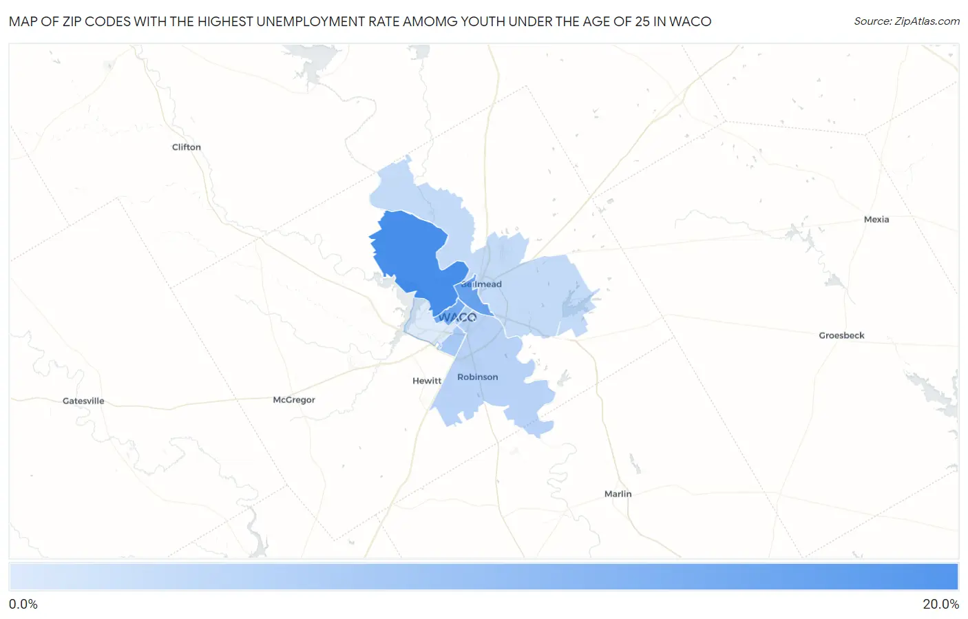 Zip Codes with the Highest Unemployment Rate Amomg Youth Under the Age of 25 in Waco Map