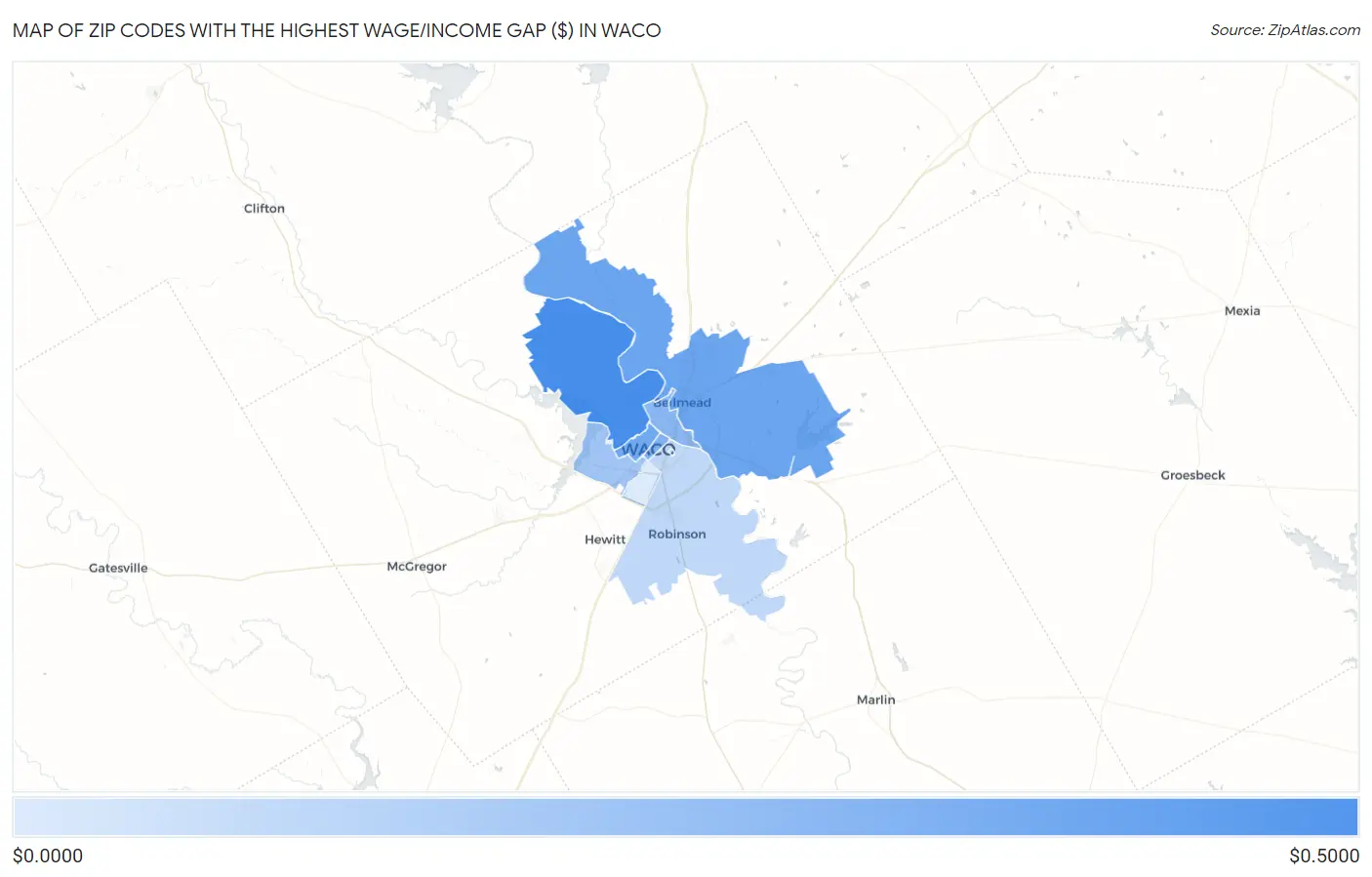 Zip Codes with the Highest Wage/Income Gap ($) in Waco Map