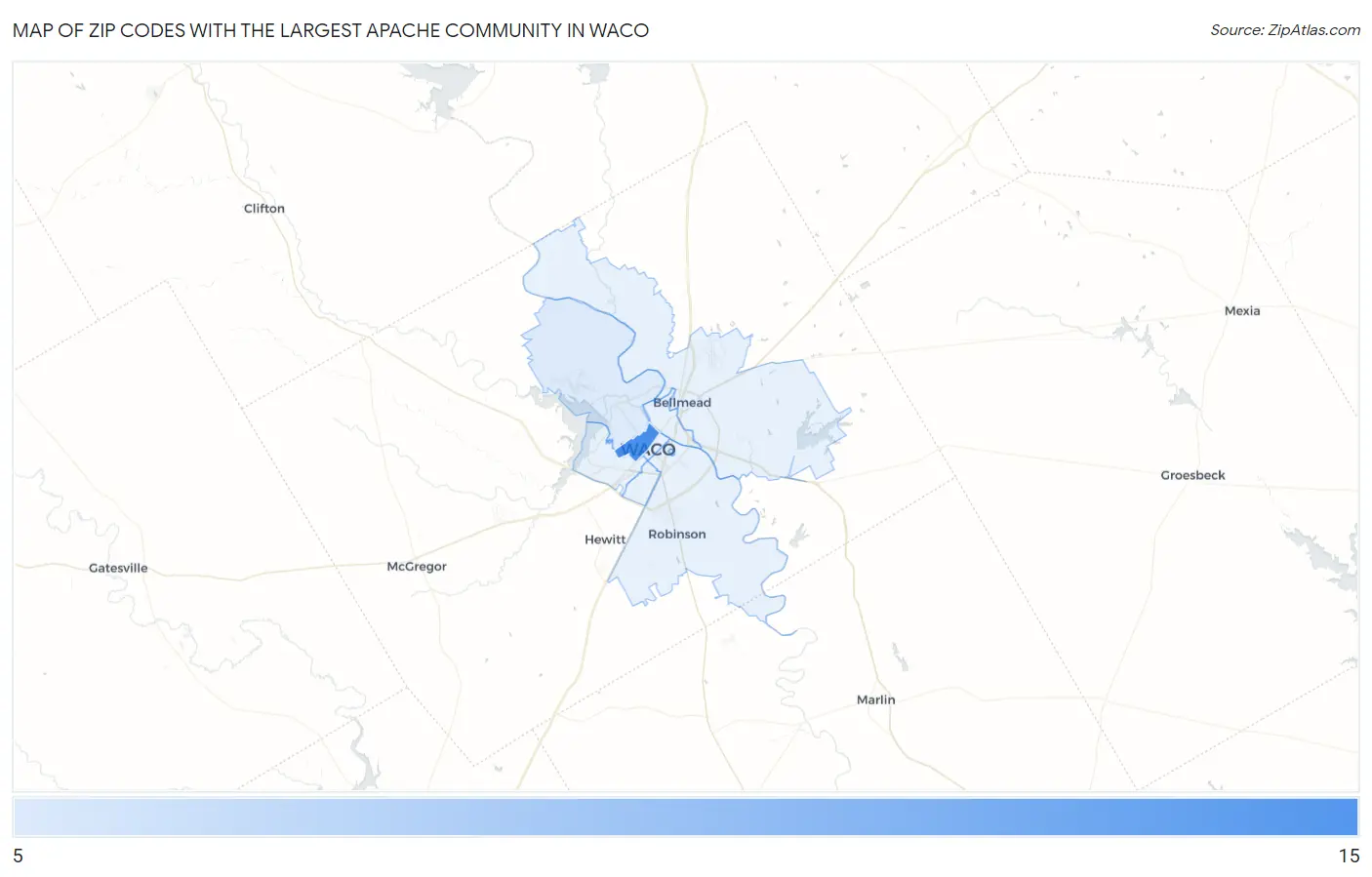 Zip Codes with the Largest Apache Community in Waco Map