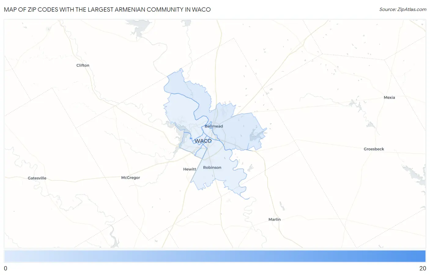 Zip Codes with the Largest Armenian Community in Waco Map