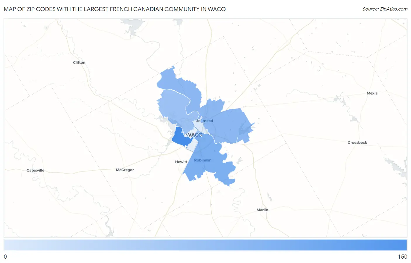 Zip Codes with the Largest French Canadian Community in Waco Map