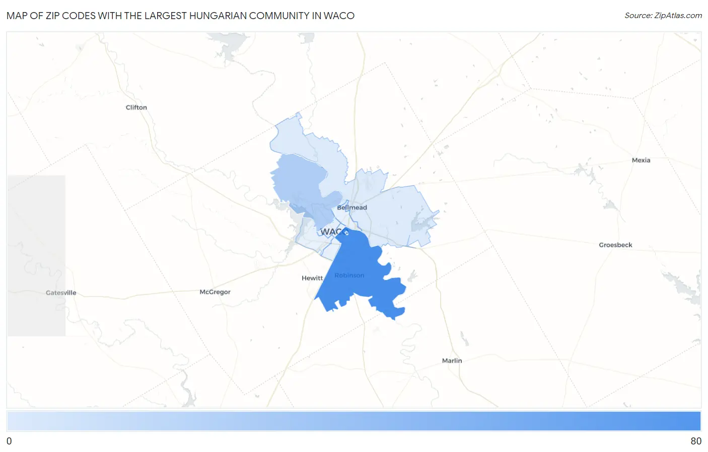 Zip Codes with the Largest Hungarian Community in Waco Map
