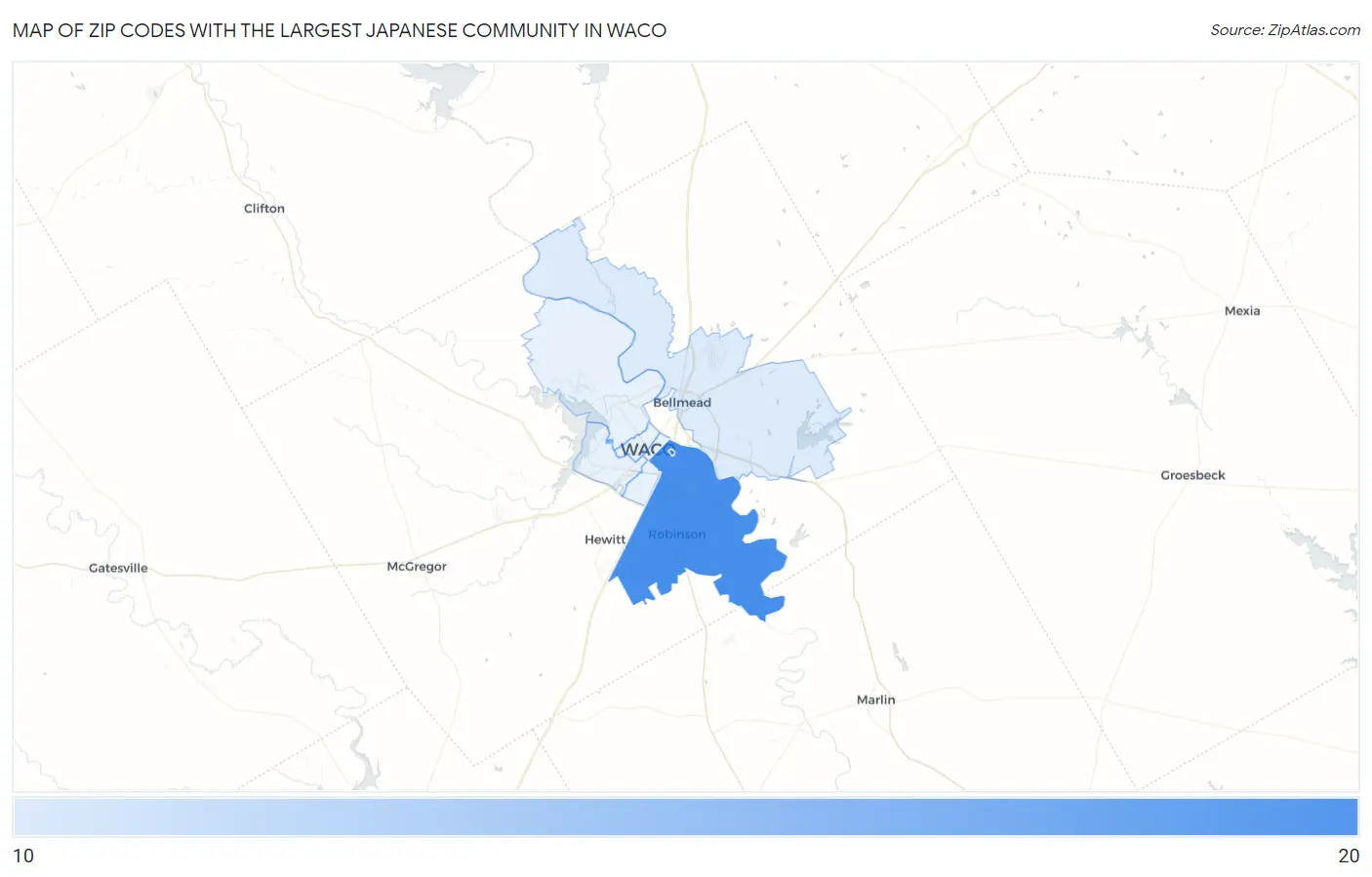 Zip Codes with the Largest Japanese Community in Waco Map