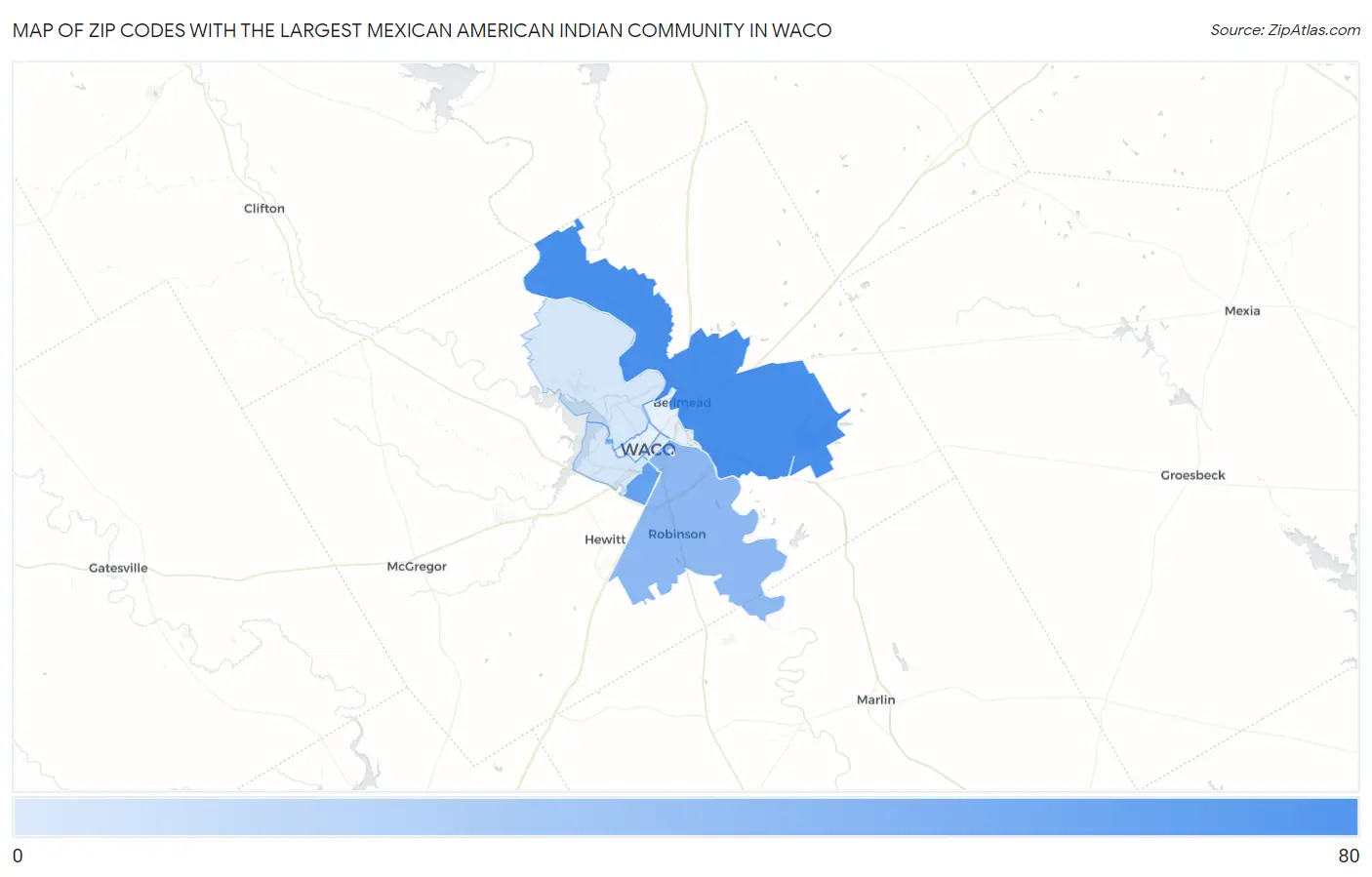 Zip Codes with the Largest Mexican American Indian Community in Waco Map