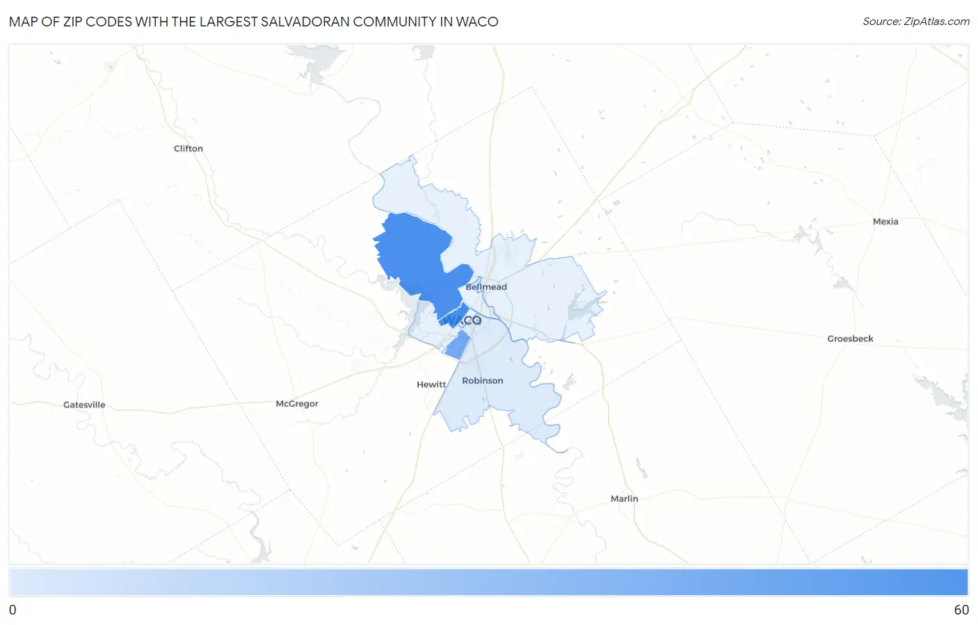Zip Codes with the Largest Salvadoran Community in Waco Map