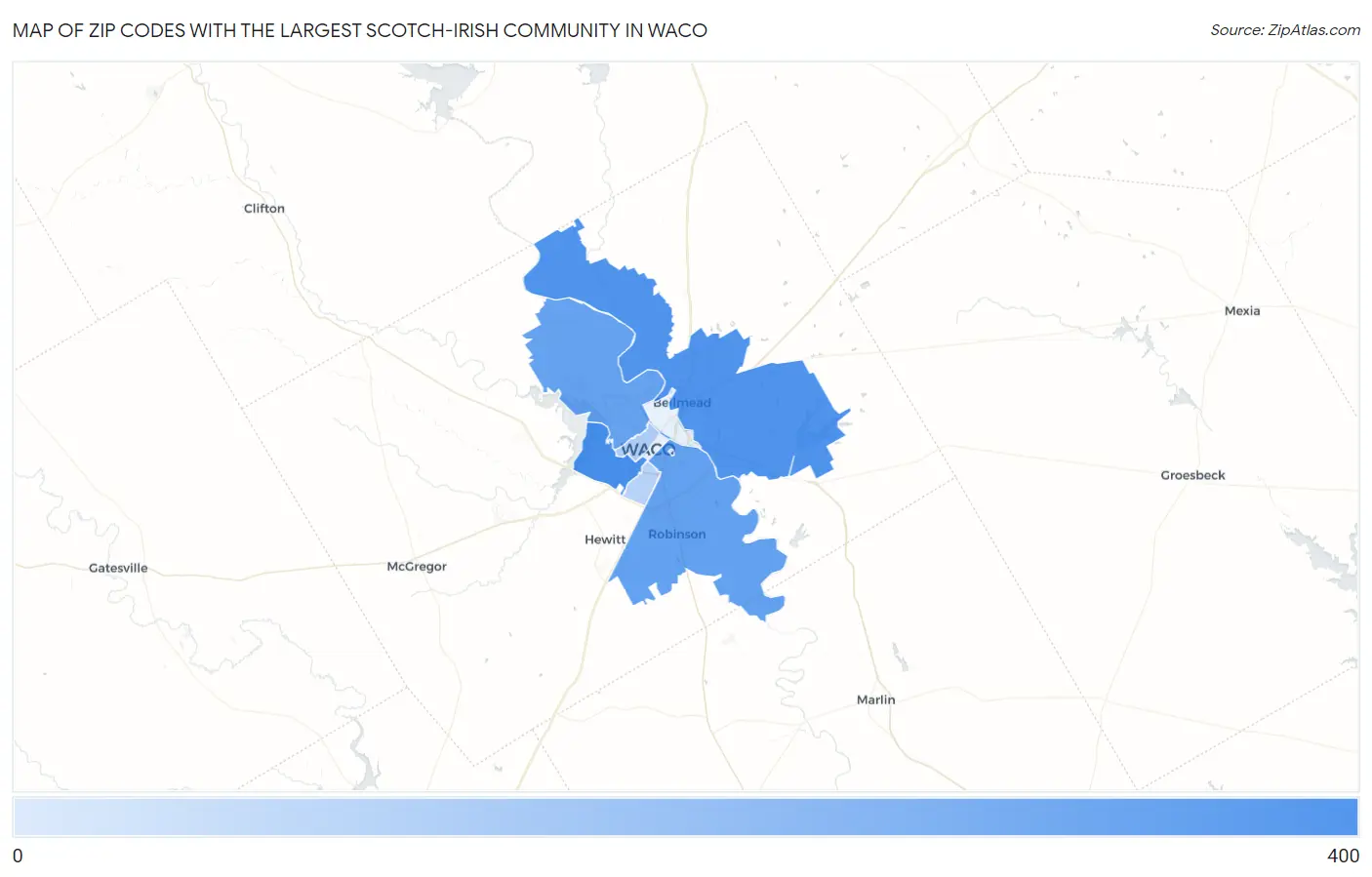 Zip Codes with the Largest Scotch-Irish Community in Waco Map