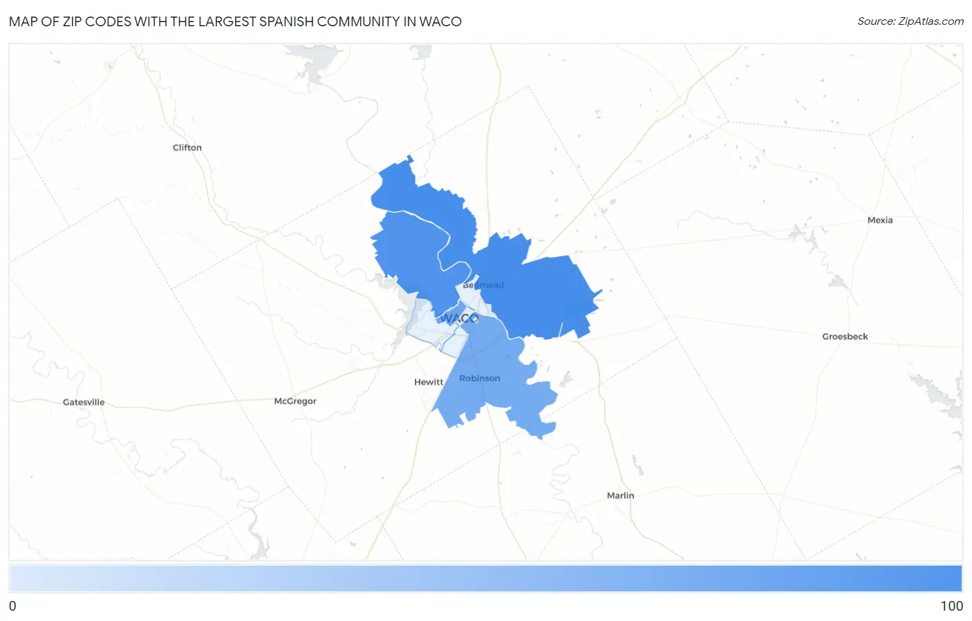 Zip Codes with the Largest Spanish Community in Waco Map