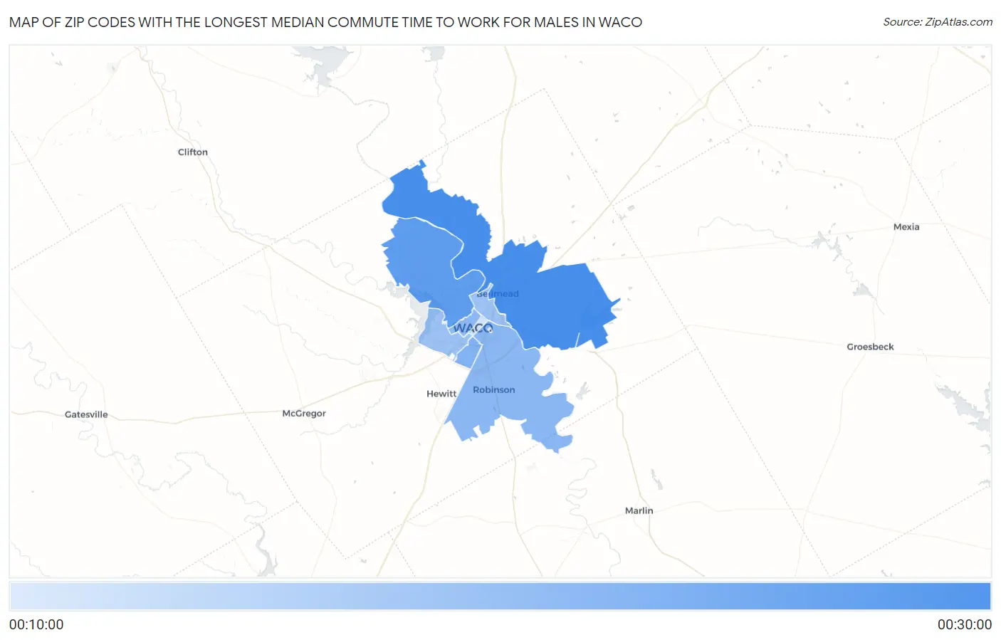 Zip Codes with the Longest Median Commute Time to Work for Males in Waco Map