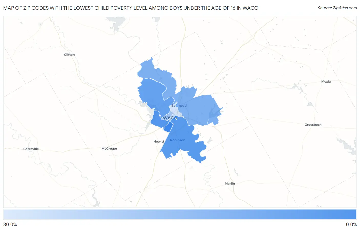 Zip Codes with the Lowest Child Poverty Level Among Boys Under the Age of 16 in Waco Map