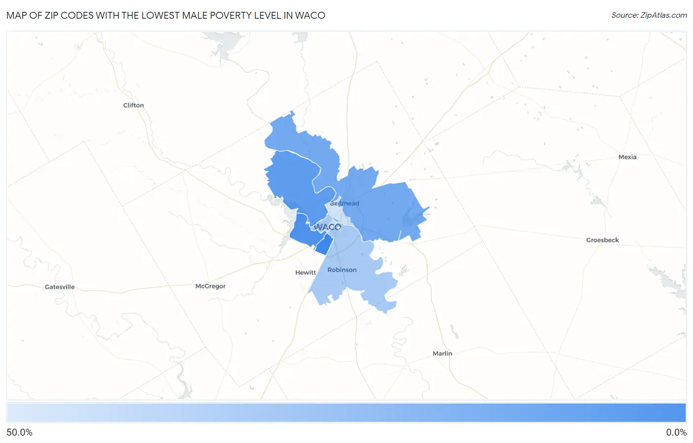 Zip Codes with the Lowest Male Poverty Level in Waco Map