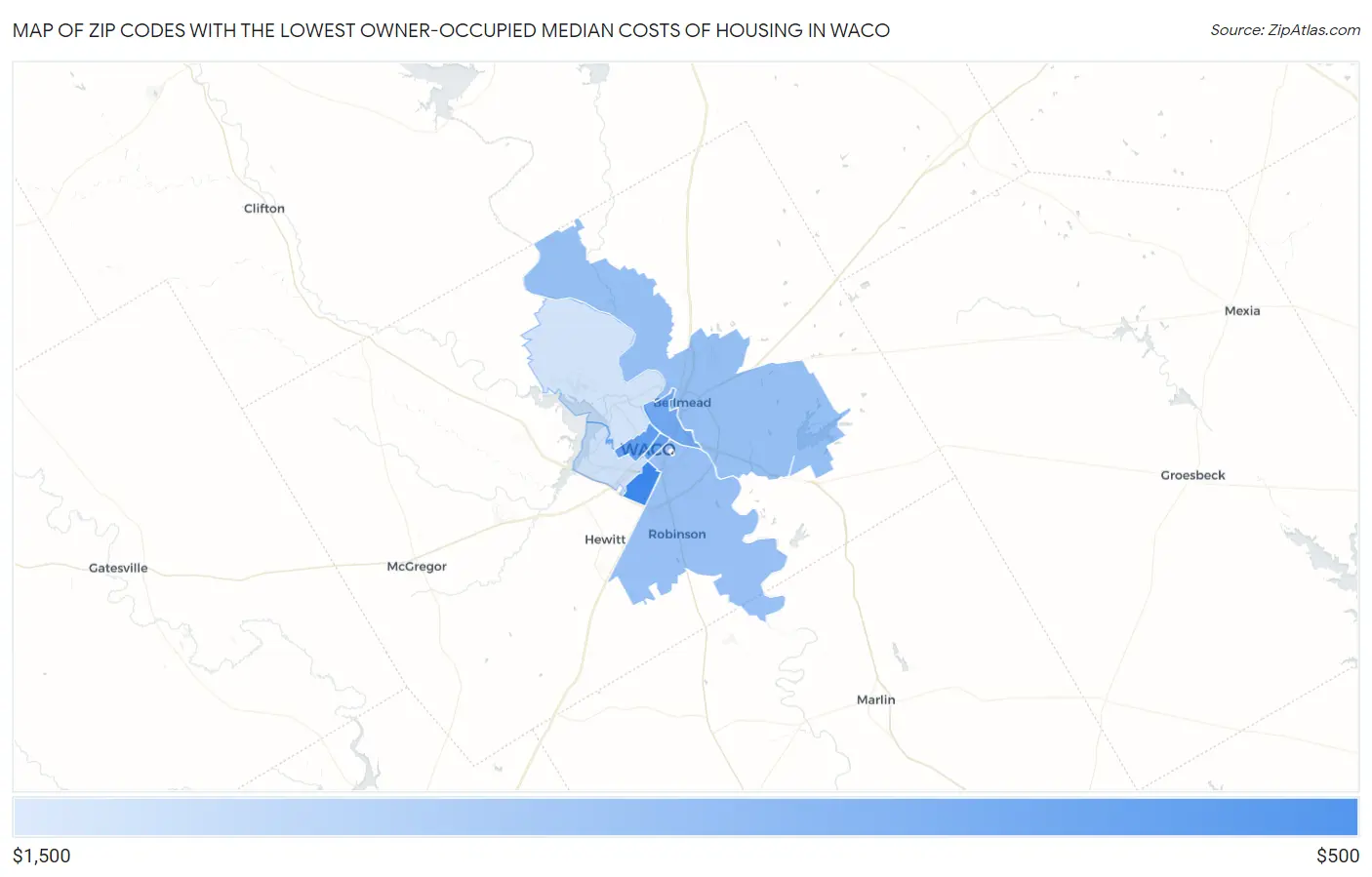 Zip Codes with the Lowest Owner-Occupied Median Costs of Housing in Waco Map