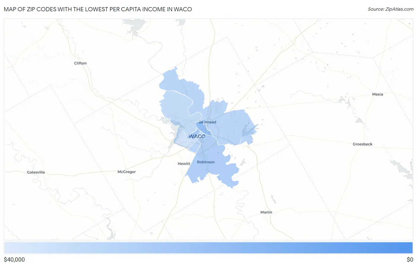 Zip Codes with the Lowest Per Capita Income in Waco Map