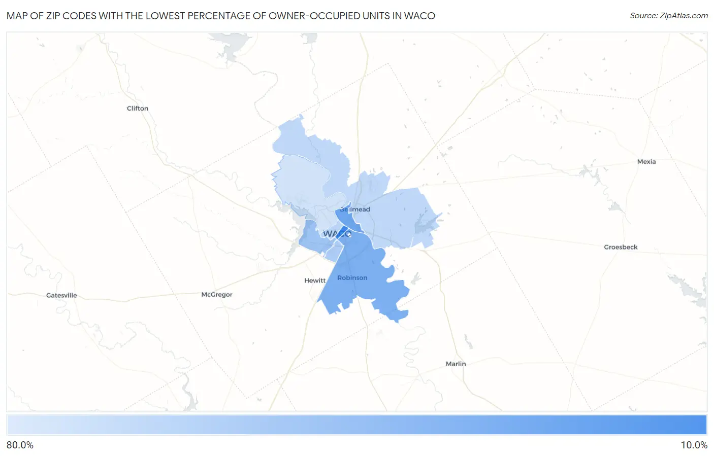 Zip Codes with the Lowest Percentage of Owner-Occupied Units in Waco Map