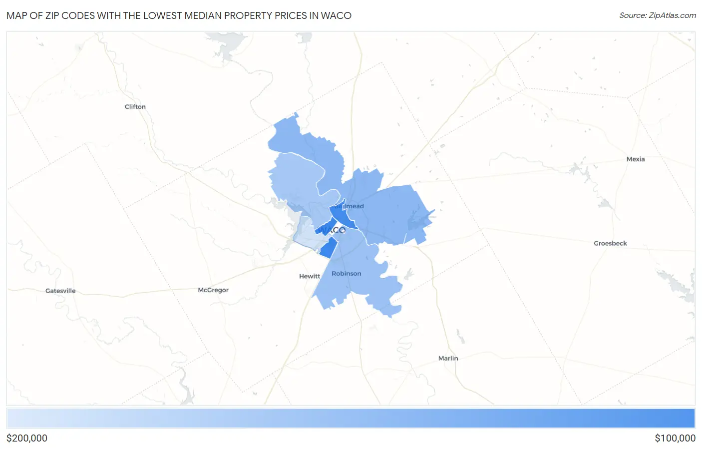 Zip Codes with the Lowest Median Property Prices in Waco Map
