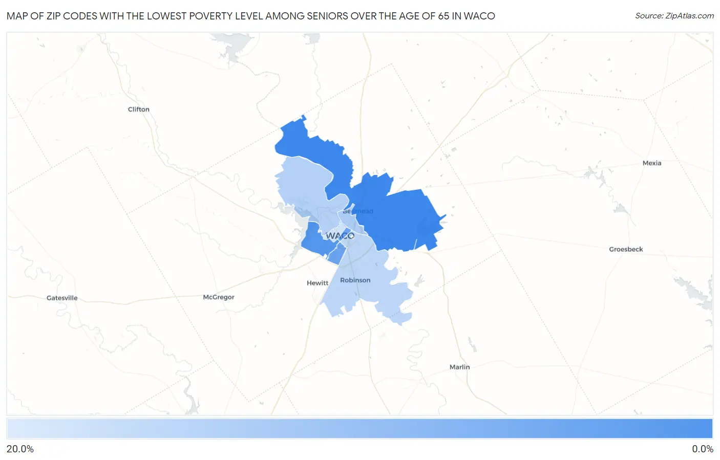 Zip Codes with the Lowest Poverty Level Among Seniors Over the Age of 65 in Waco Map