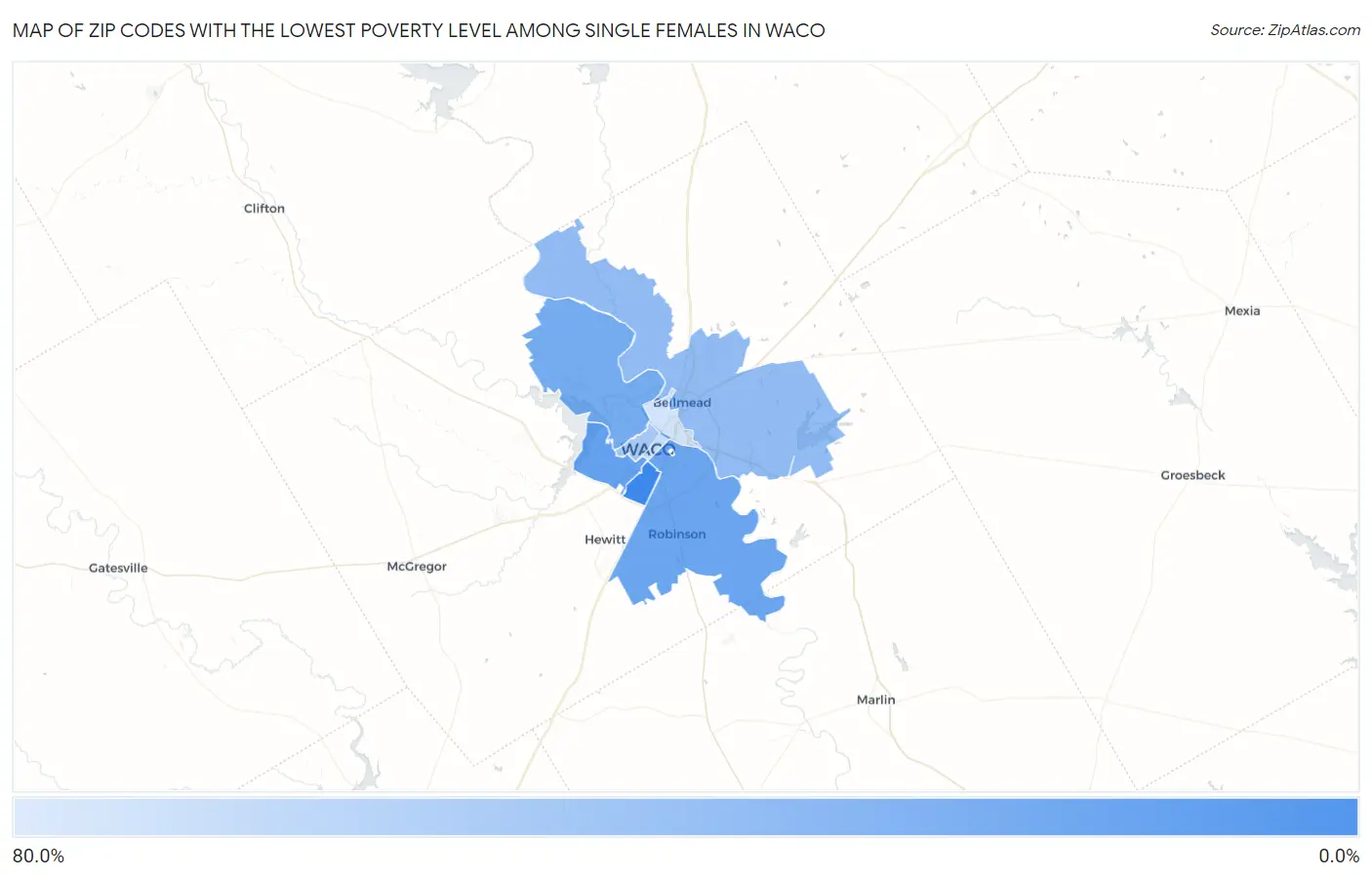 Zip Codes with the Lowest Poverty Level Among Single Females in Waco Map