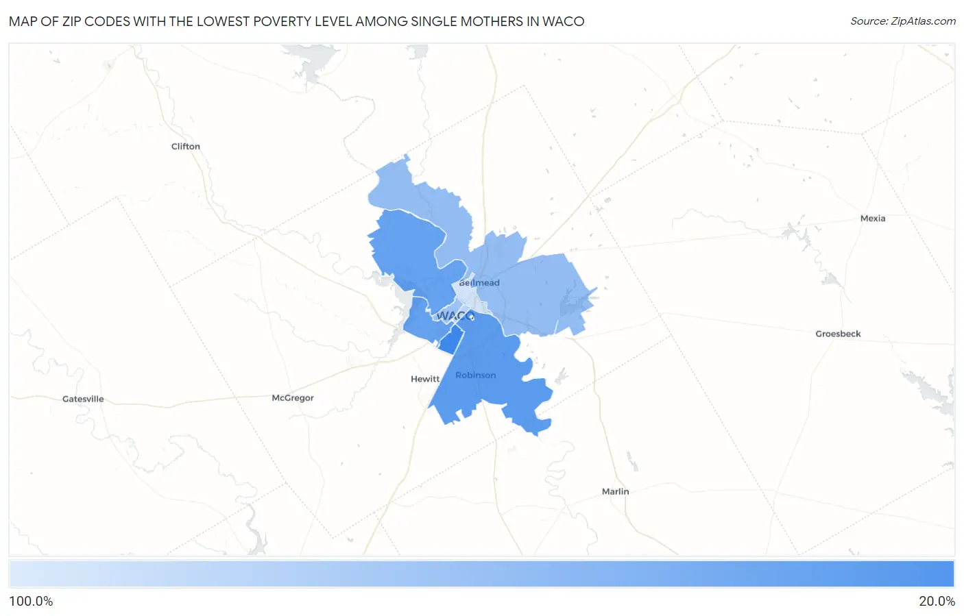 Zip Codes with the Lowest Poverty Level Among Single Mothers in Waco Map