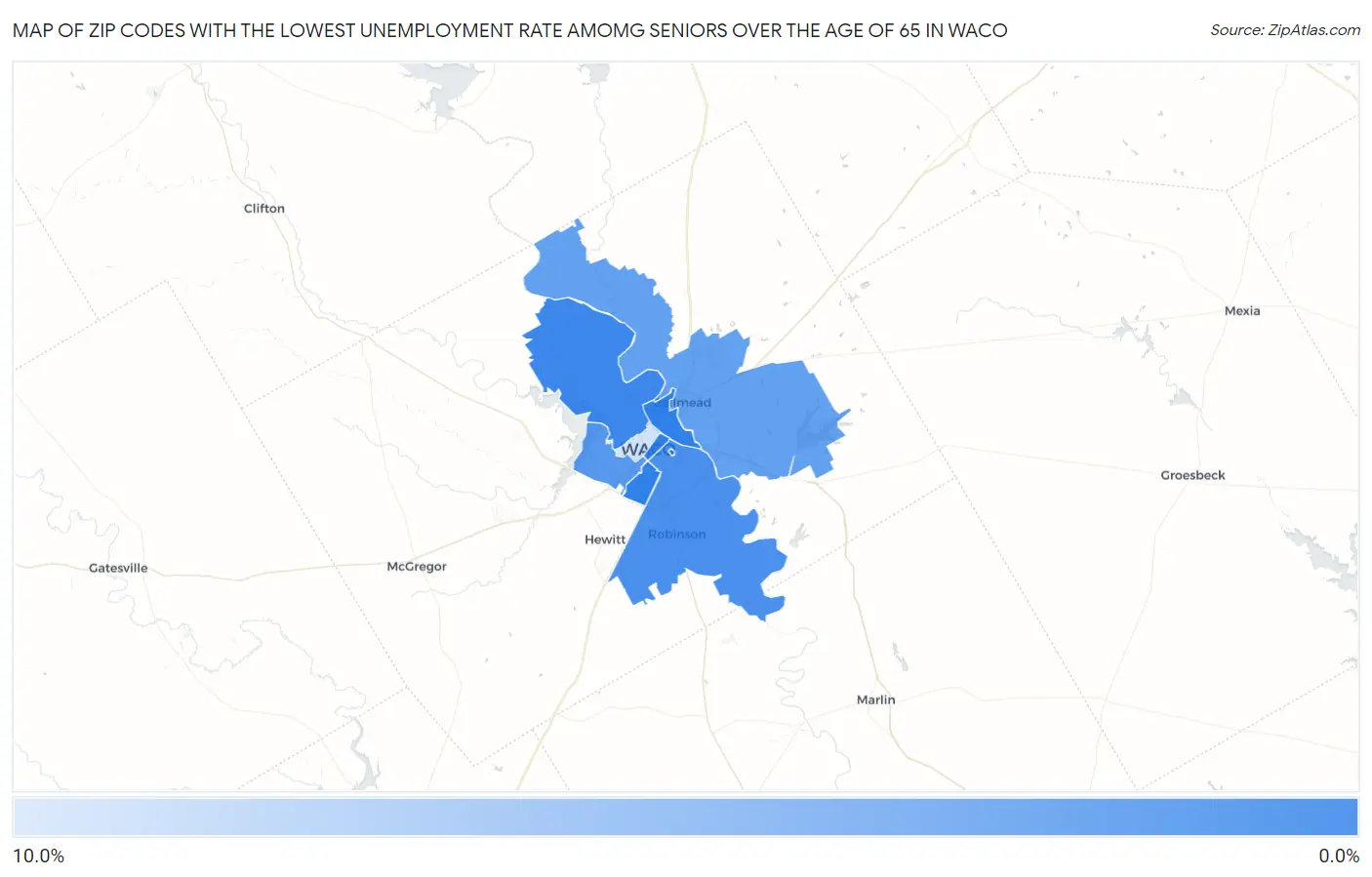 Zip Codes with the Lowest Unemployment Rate Amomg Seniors Over the Age of 65 in Waco Map