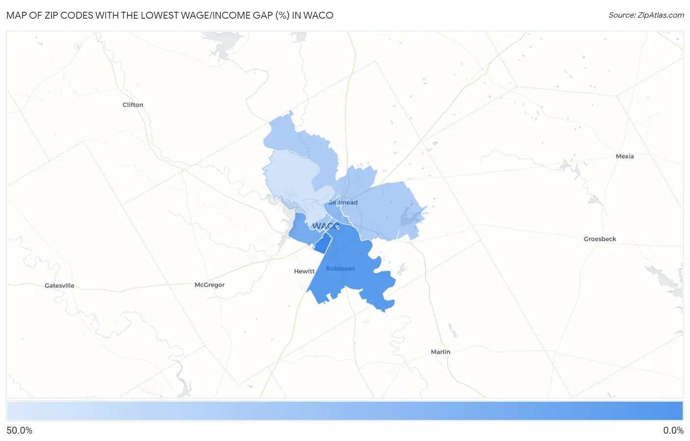 Zip Codes with the Lowest Wage/Income Gap (%) in Waco Map