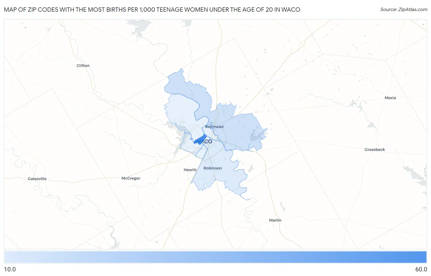 Zip Codes with the Most Births per 1,000 Teenage Women Under the Age of 20 in Waco Map