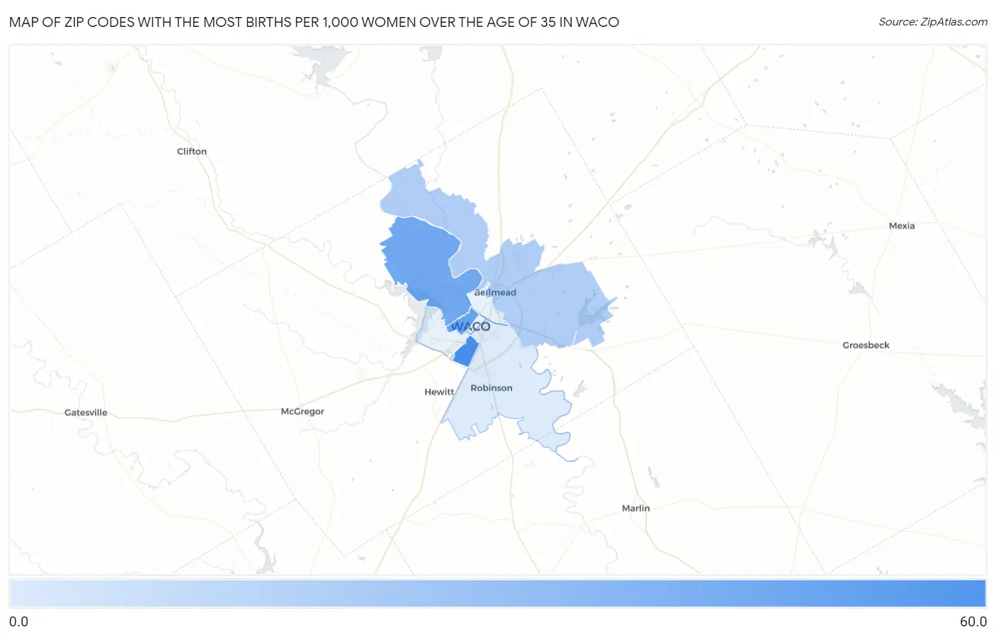 Zip Codes with the Most Births per 1,000 Women Over the Age of 35 in Waco Map