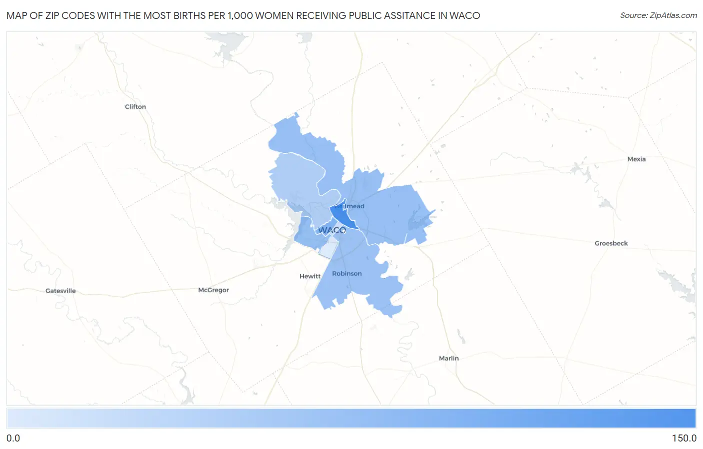 Zip Codes with the Most Births per 1,000 Women Receiving Public Assitance in Waco Map