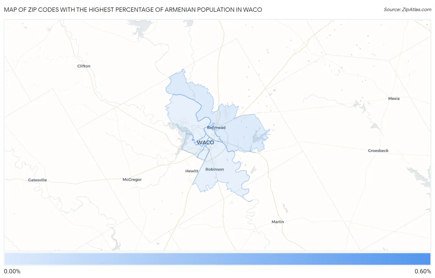 Zip Codes with the Highest Percentage of Armenian Population in Waco Map