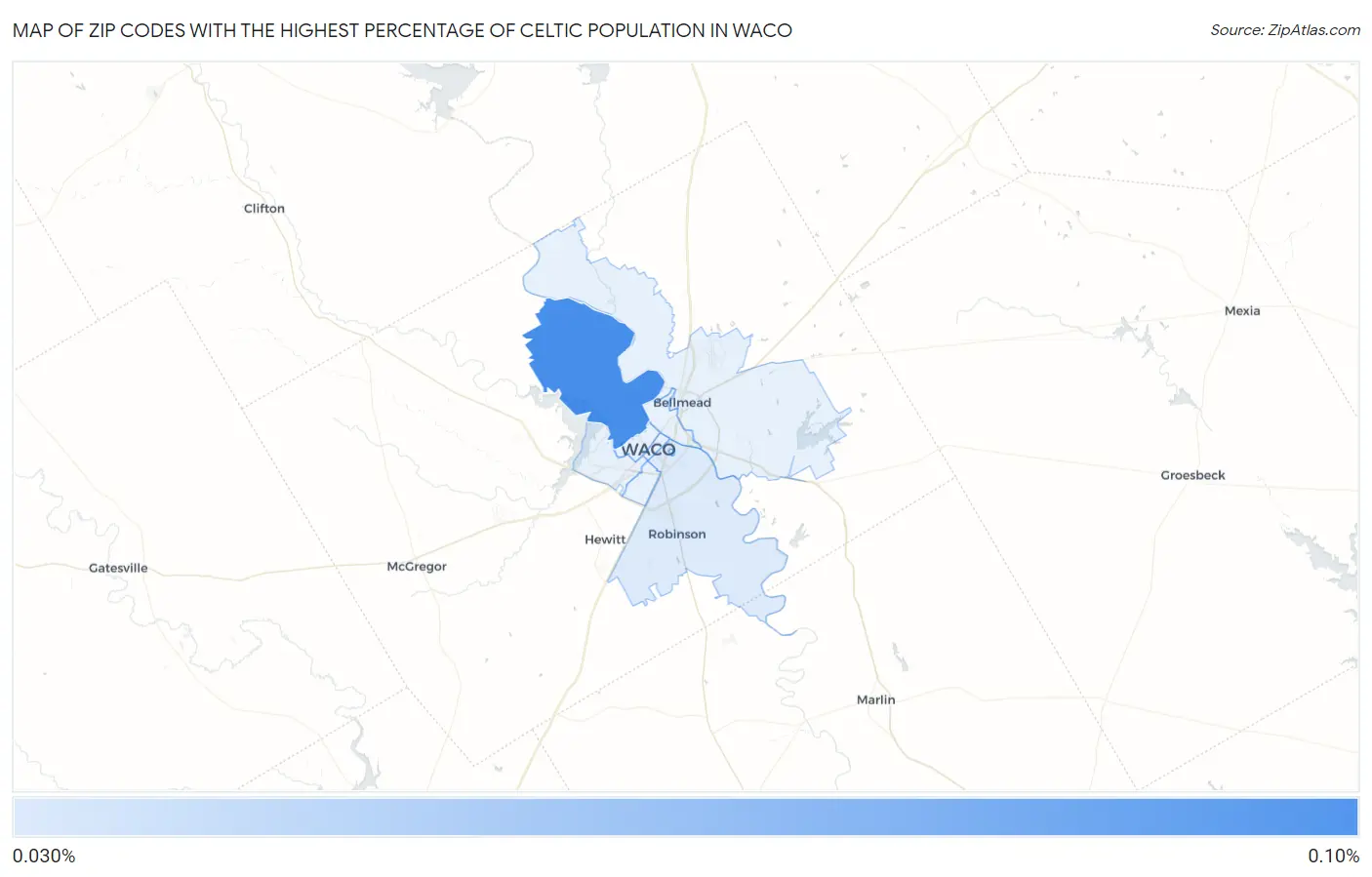 Zip Codes with the Highest Percentage of Celtic Population in Waco Map