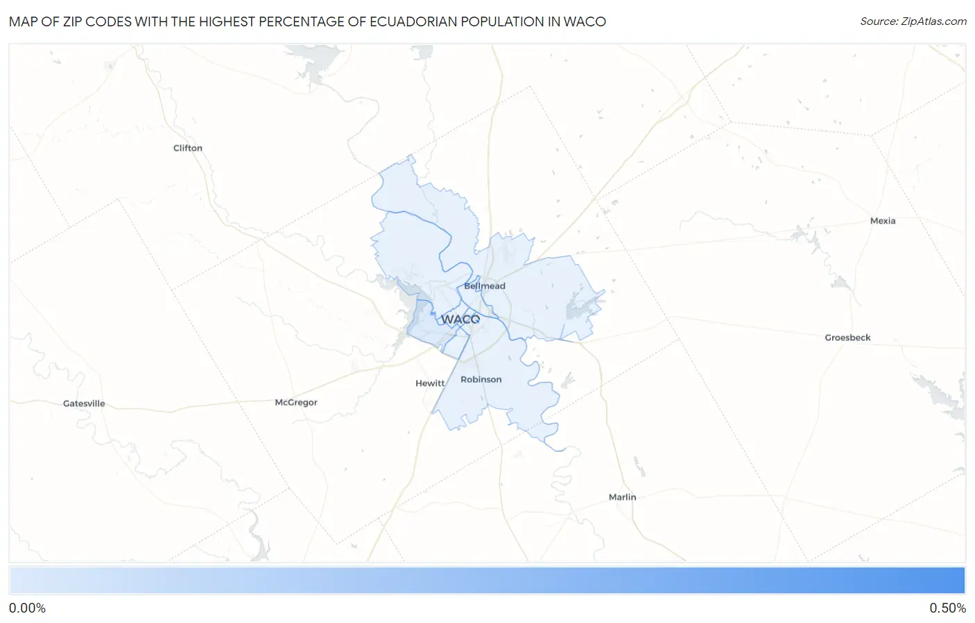 Zip Codes with the Highest Percentage of Ecuadorian Population in Waco Map