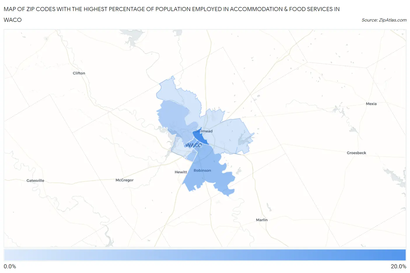 Zip Codes with the Highest Percentage of Population Employed in Accommodation & Food Services in Waco Map
