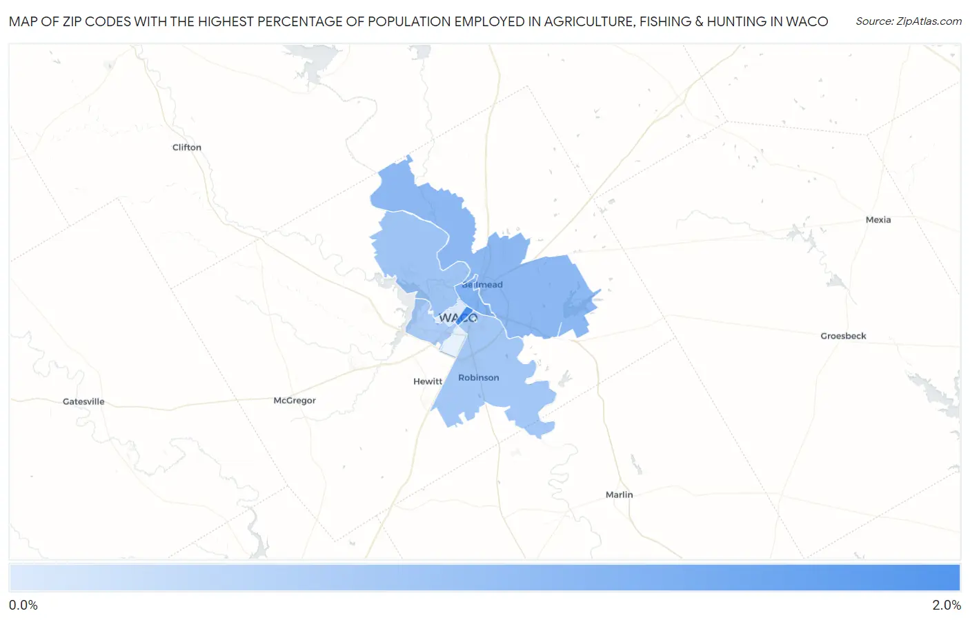 Zip Codes with the Highest Percentage of Population Employed in Agriculture, Fishing & Hunting in Waco Map