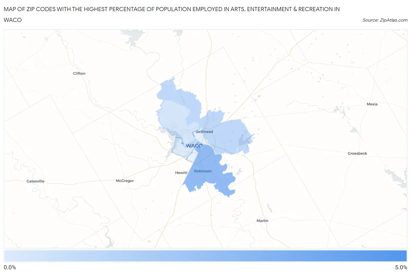 Zip Codes with the Highest Percentage of Population Employed in Arts, Entertainment & Recreation in Waco Map