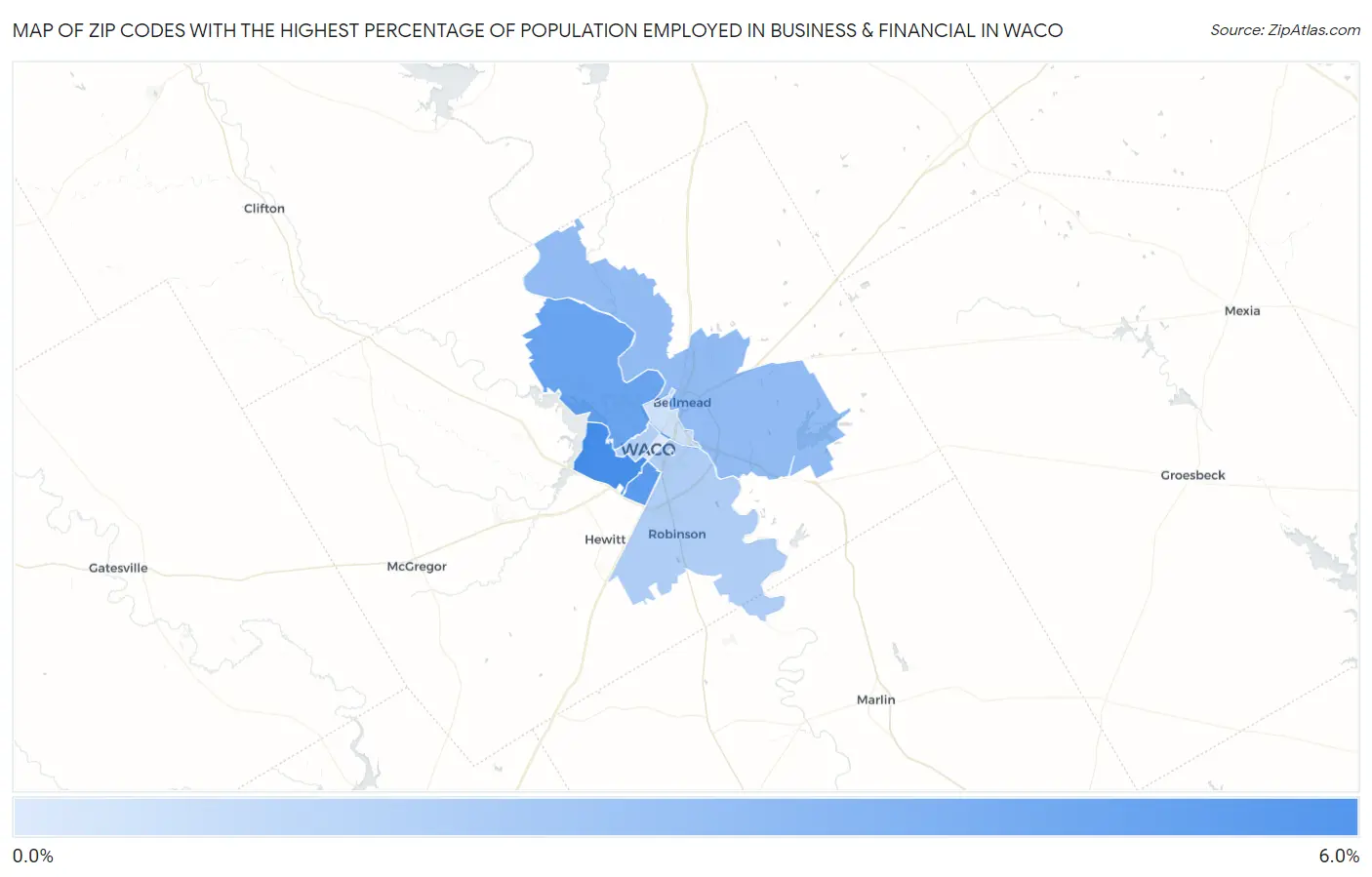 Zip Codes with the Highest Percentage of Population Employed in Business & Financial in Waco Map