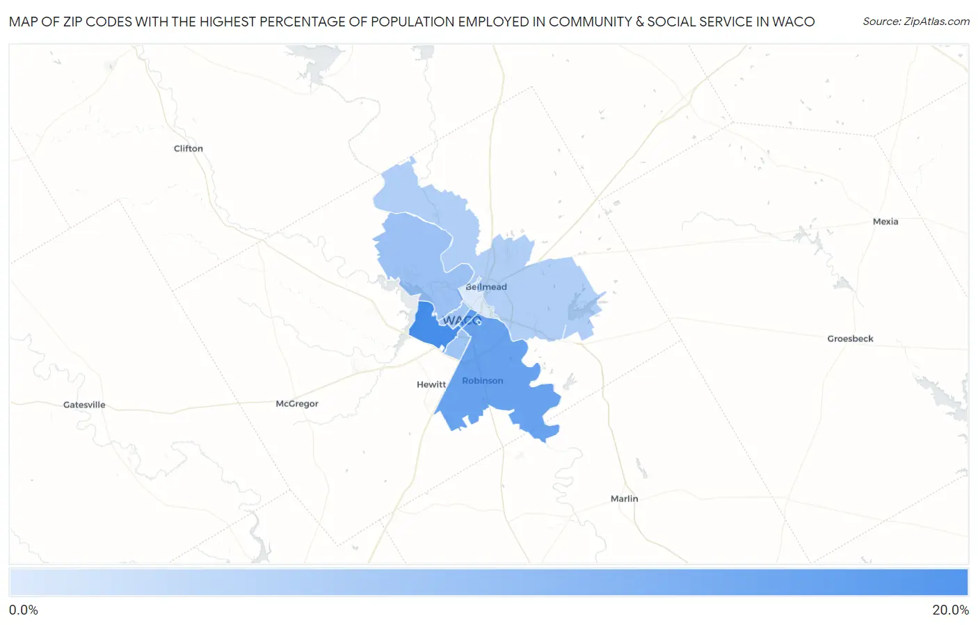 Zip Codes with the Highest Percentage of Population Employed in Community & Social Service  in Waco Map