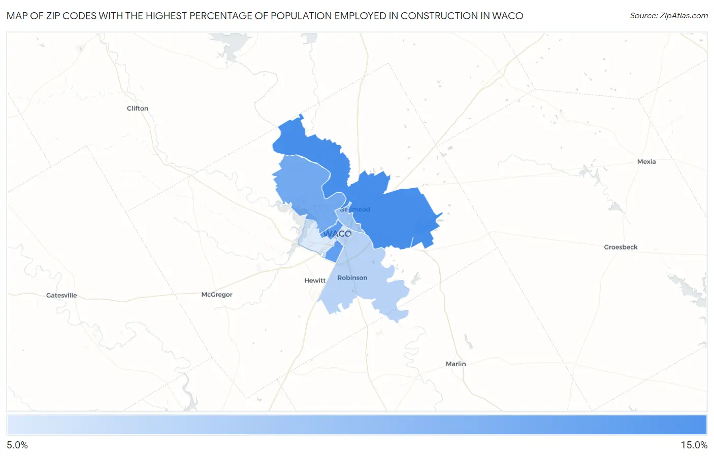 Zip Codes with the Highest Percentage of Population Employed in Construction in Waco Map