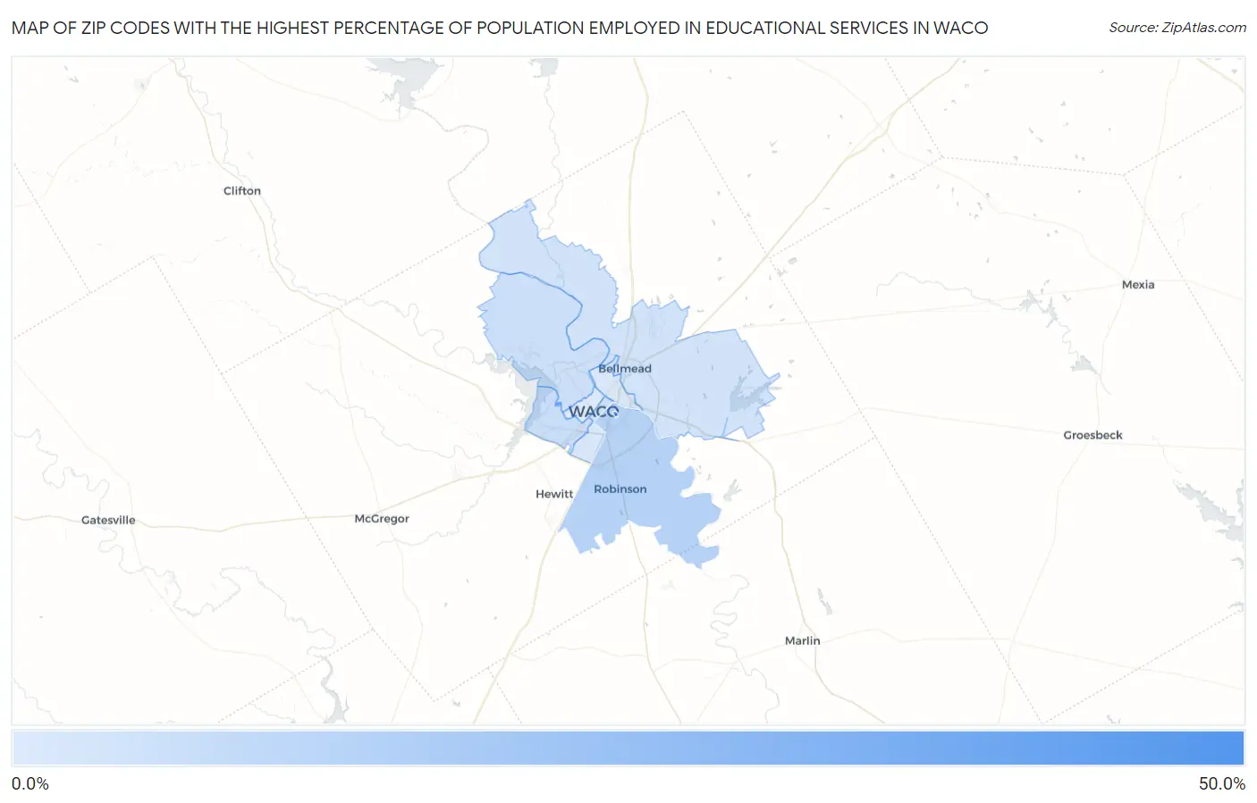 Zip Codes with the Highest Percentage of Population Employed in Educational Services in Waco Map