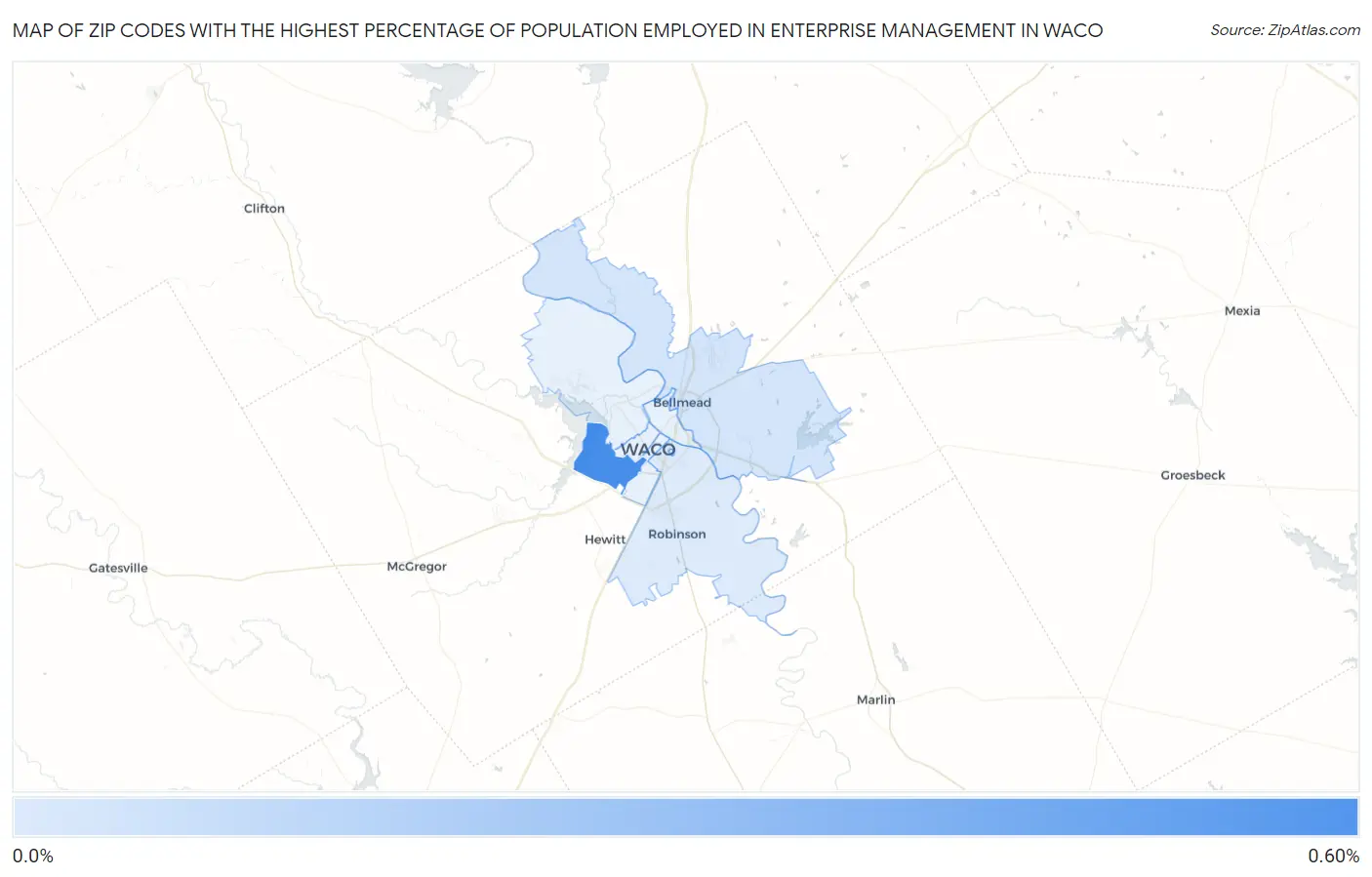 Zip Codes with the Highest Percentage of Population Employed in Enterprise Management in Waco Map