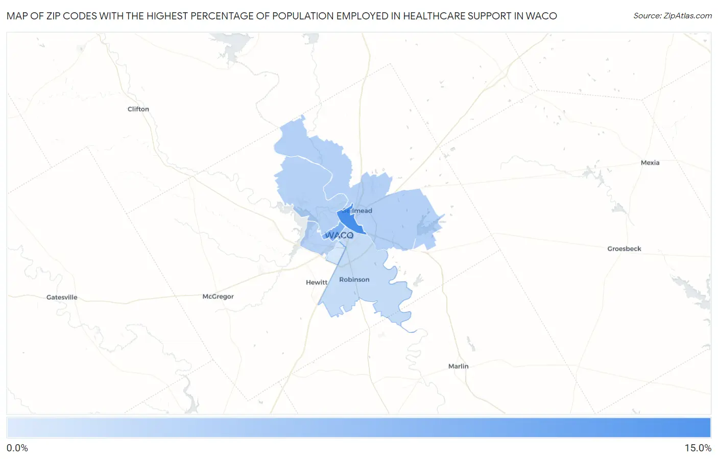 Zip Codes with the Highest Percentage of Population Employed in Healthcare Support in Waco Map